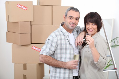 Business relocation preparation with desks, storage, and moving materials